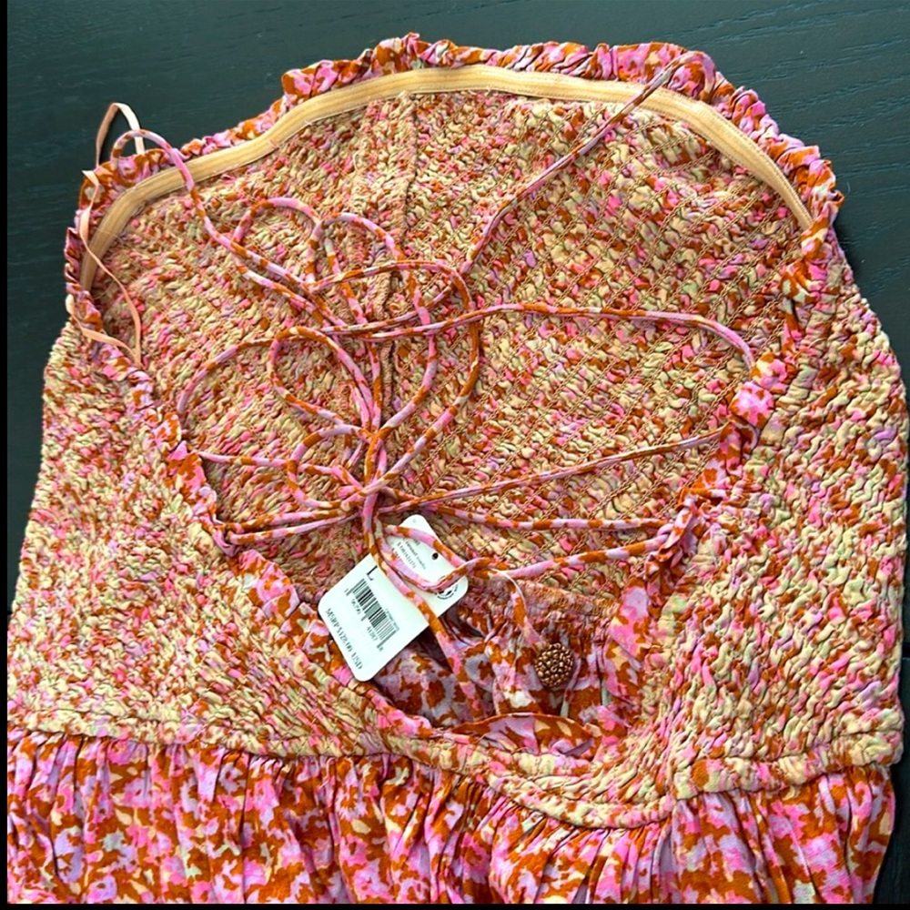 Free People One I Love Dress in Caramel Combo Pink and Tan Maxi Ruffle Hem Sz L - Picture 8 of 16